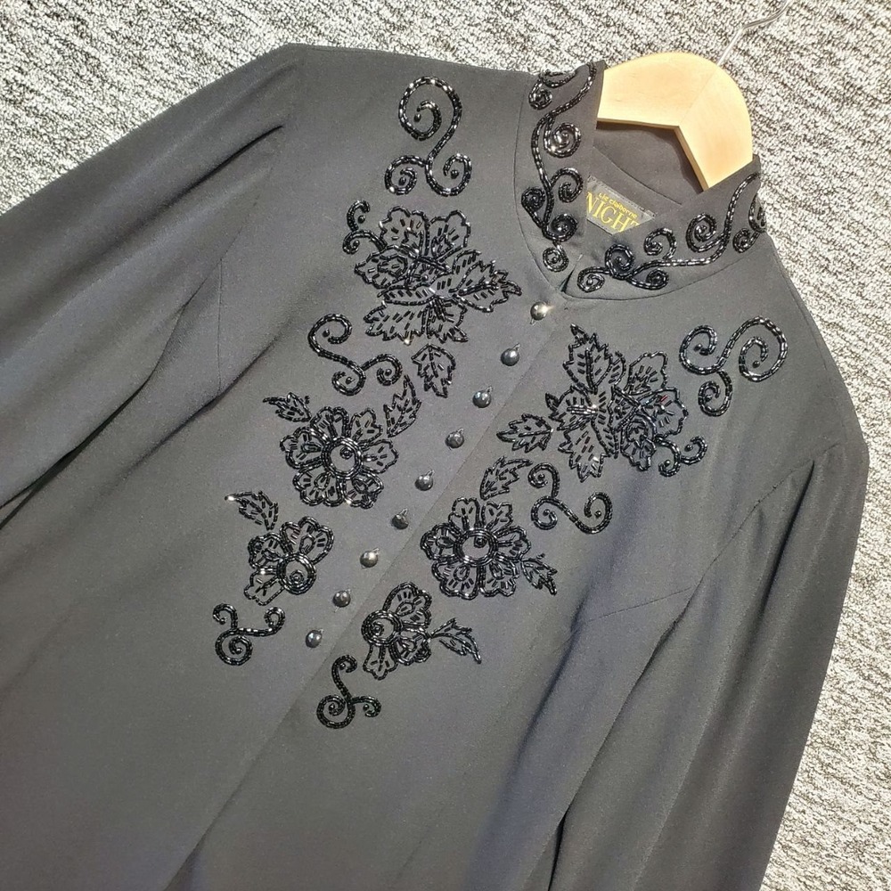 Liz Claiborne Night Jacket Womens 16 Black Beaded Sequin Mandarin Collar Tunic‎